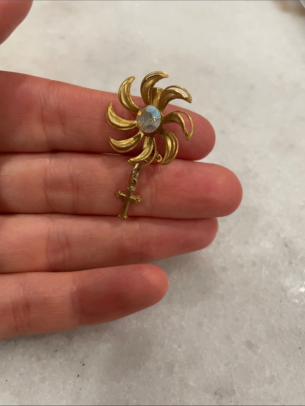 Gold-Tone Sunburst Cross Drop Pin Brooch with Crystal Accent